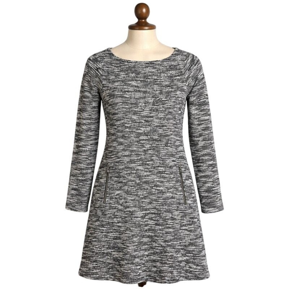 GAP Womens S Knit A-Line Dress Long Sleeve Zip Pockets Black White Midi